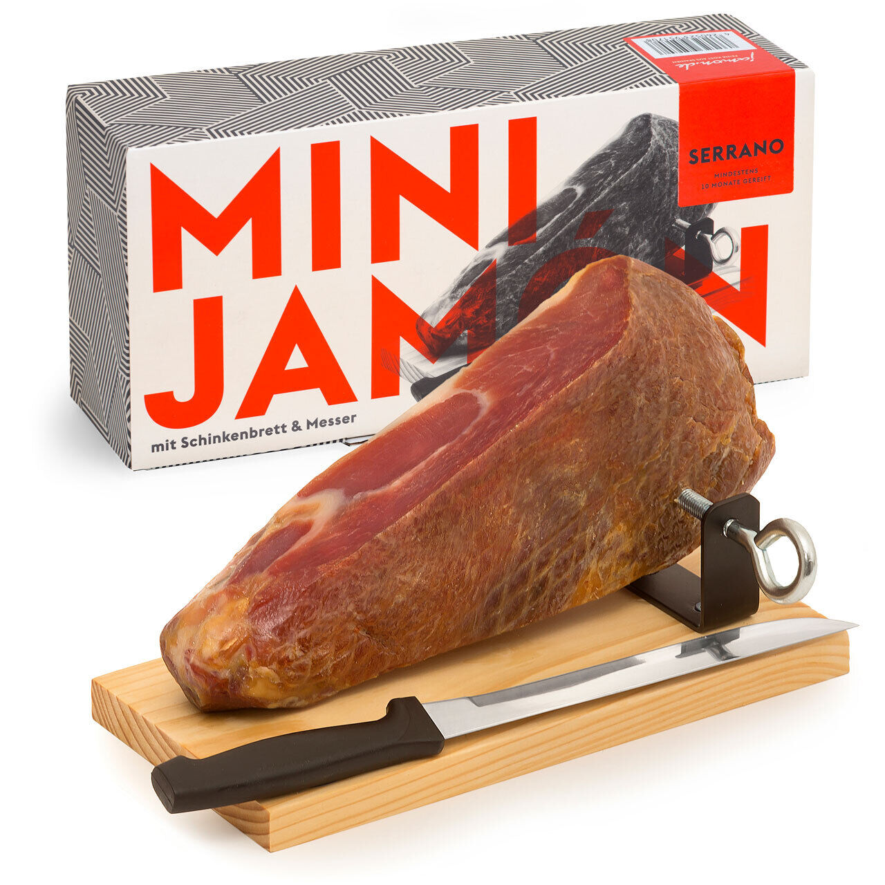 MINI-JAMON SERRANO im Geschenkkarton mit Holzbrett & Messer (39,90 EUR/kg)