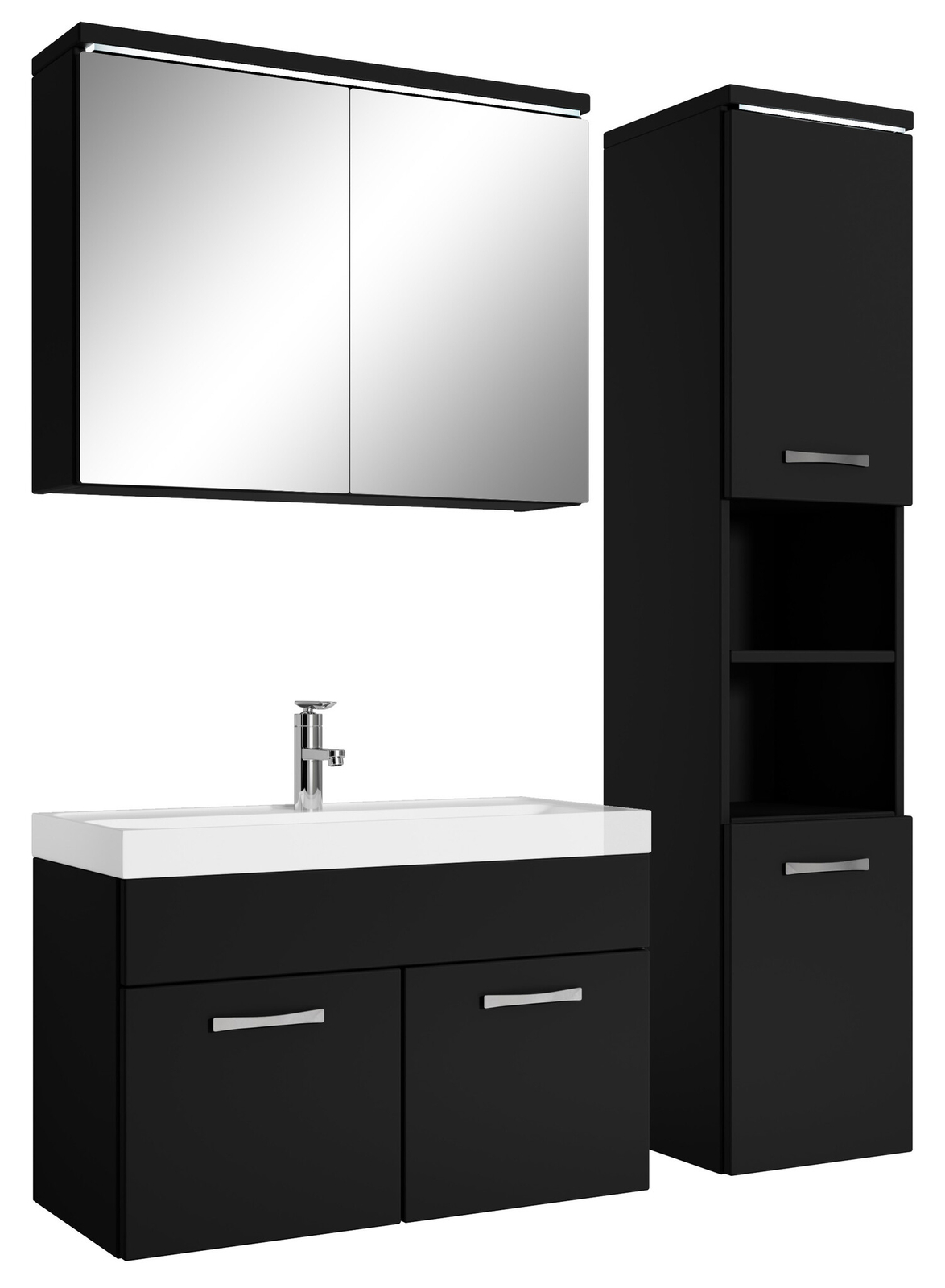 Badezimmer Badmöbel-Set Paso LED 80cm Waschbecken Mat Schwarz - Unterschrank 1x