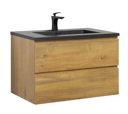 Badezimmer Badmöbel Set Angela 80 Cm - Schwarzes Waschbecken - Eiche - Unterschrank Schrank Waschbecken Waschtisch
