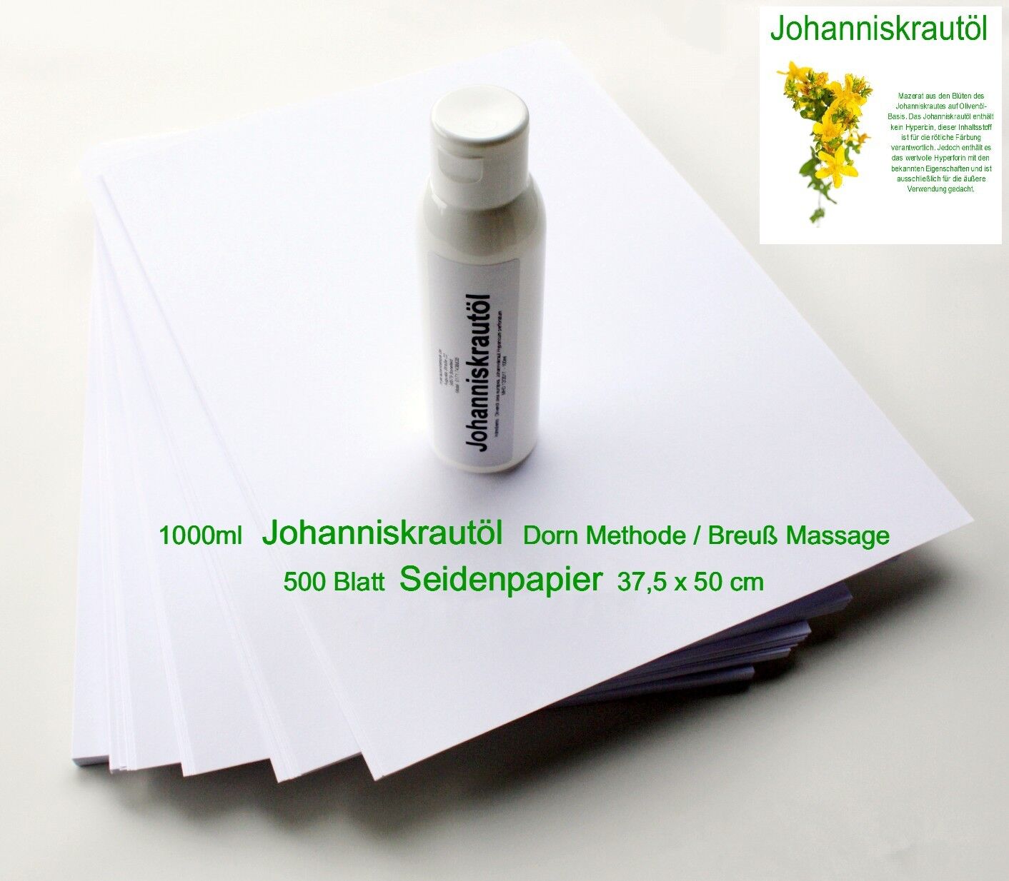 Set - 1000ml Johanniskrautöl + 500 Blatt Seidenpapier  für Dorn - Breuß-Massage