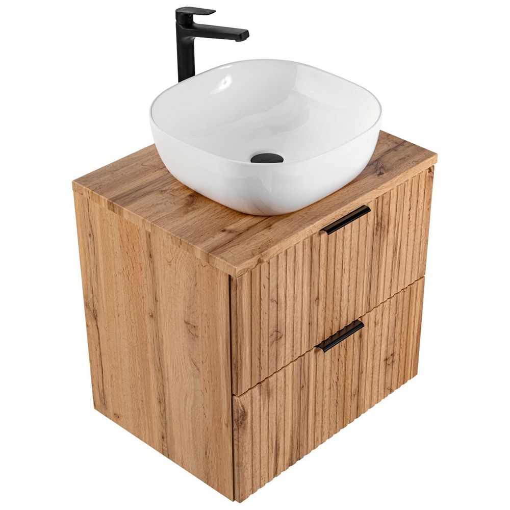 Badezimmer Badmöbel Waschtisch Unterschrank mit Waschbecken Eiche Rillenoptik
