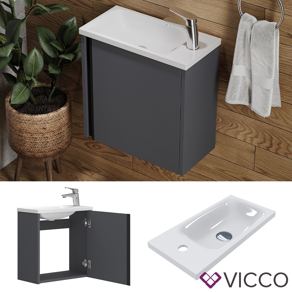 Waschbecken mit Unterschrank Kleo, 50 cm, Waschtisch mit Tür, Anthrazit Vicco
