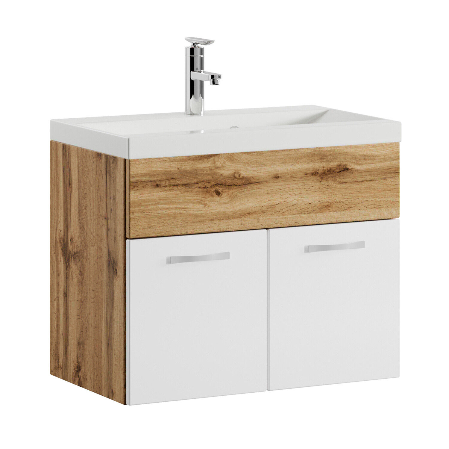 Badezimmer Badmöbel Set Montreal 01 60cm Waschbecken Eiche mit Weiß - Unterschra