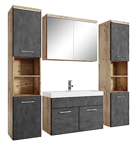 Badezimmer Badmöbel Set Paso Xl Led 80Cm Waschbecken Kastanien Eiche Mit Dunkle Grau - Unterschrank 2X Hochschrank Waschbecken Möbel