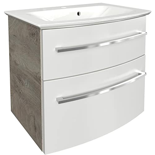 Fackelmann B.Style Badmöbel Set 2 Teile/Gussmarmor Waschbecken/Waschbeckenunterschrank Mit 2 Schubladen/Hochwertiger Badschrank Mit Soft-Close/Korpus: