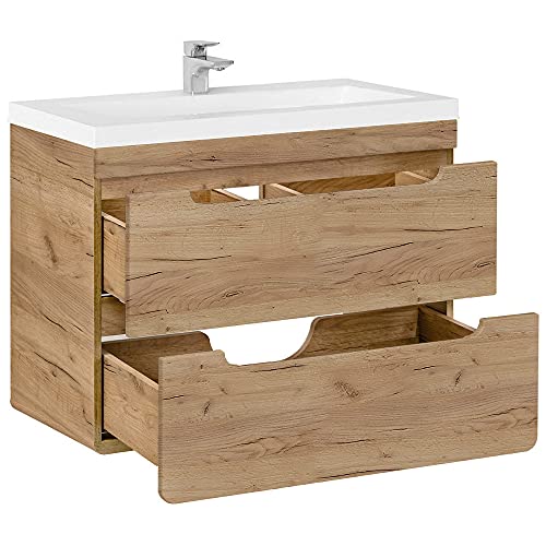 Lomadox Badmöbel Waschtisch Unterschrank Set, Wotan Eiche Nb. Nb, 81 Cm Keramik-Waschbecken, 2 Softclose-Schubkästen, B/H/T Ca. 81/63/46 Cm