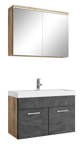 Badezimmer Badmöbel Set Paso 02 80Cm Waschbecken Kastanien Eiche Mit Dunkle Grau - Unterschrank Schrank Waschbecken Spiegelschrank Schrank