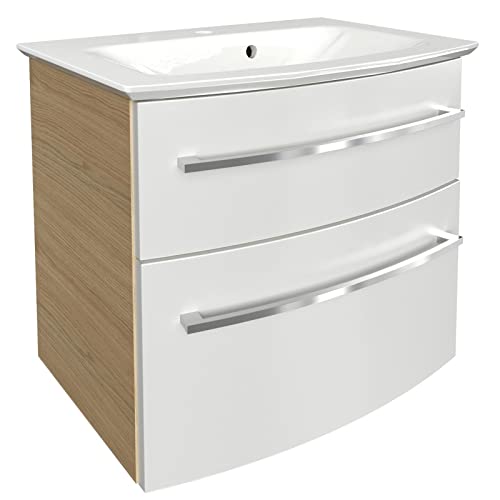 Fackelmann B.Style Badmöbel Set 2 Teile/Gussmarmor Waschbecken/Waschbeckenunterschrank Mit 2 Schubladen/Hochwertiger Badschrank Mit Soft-Close/Korpus: