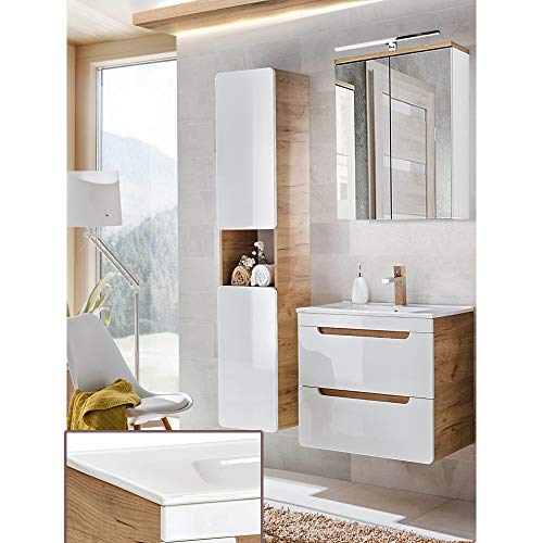 Lomadox Komplett Badezimmer Set In Hochglanz Weiß Mit Wotan Eiche Nb., 61 Cm Keramik-Waschtisch Mit Unterschrank, Led-Spiegelschrank & Hochschrank