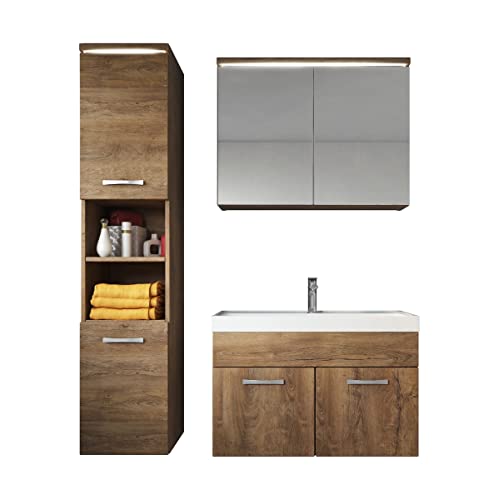 Badezimmer Badmöbel Set Paso Led 80Cm Waschbecken Braun Eiche - Unterschrank Hochschrank Waschbecken Spiegelschrank