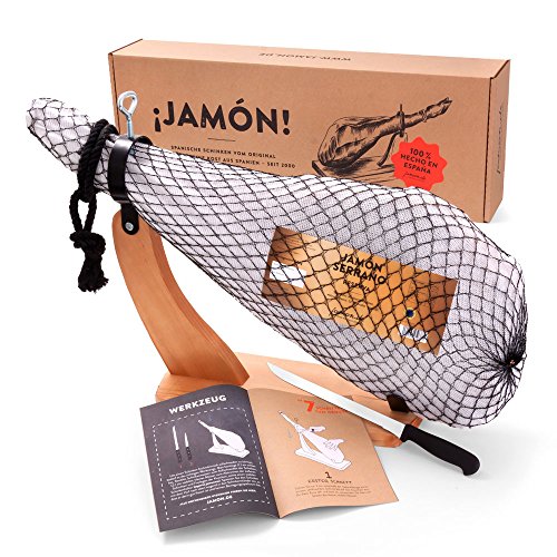 Jamon-Box Nr. 2 - Serrano-Schinken 6,5Kg Im Geschenk-Set Mit Zubehör - 12 Monate Gereifter Hinterschinken Aus Spanien Inklusive Schinkenständer, Schin