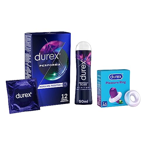Durex Ausdauer Vorteilsset "All Day All Night" Mit 3 Artikeln - Durex Perfoma Kondome 12 Stück, Durex Perfect Glide Gleitgel 50Ml, Durex Pleasure Ring