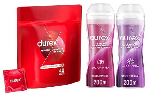 Durex Gefühlsecht-Set Classic Kondome - Hauchzart Für Intensives Empfinden - Großpackung, 40 St & Durex Gleitgel 2-In-1 Massage Gel 2 X 200 Ml (Aloe V