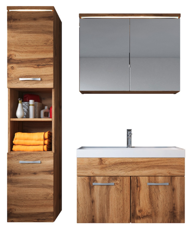 Badezimmer Badmöbel-Set Paso LED 80cm Waschbecken Eiche - Unterschrank Hochschra