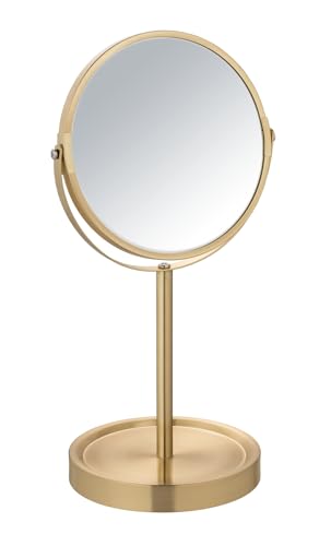 Wenko Standspiegel Alata Gold Matt, Kosmetikspiegel Mit 3-Fach Vergrößerung, Stufenlos Schwenkbar, Mit Ablage, Ø 17 Cm