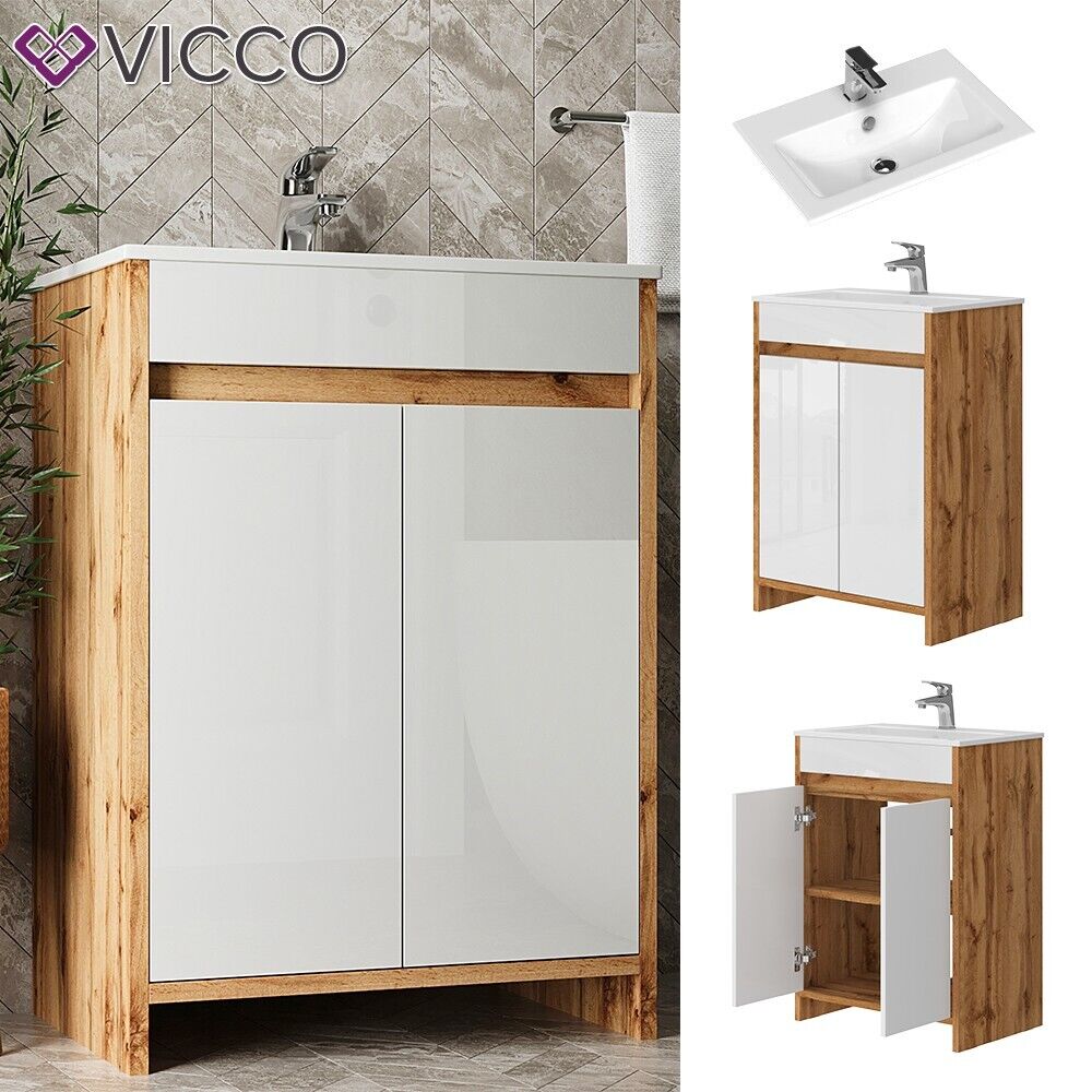 Waschbecken mit Unterschrank Lemgo Eiche Weiß 60 cm Vicco